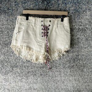 We The Free Shorts Womens 27 Ivory Lace-Up Denim Cutoff Frayed Hem Free People